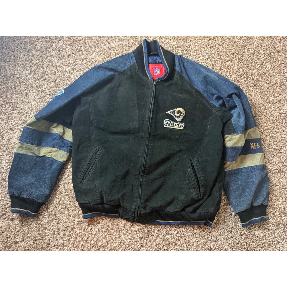 Vintage NFL St Louis Rams Leather Bomber Jacket Mens Large Blue Black Suede Zip